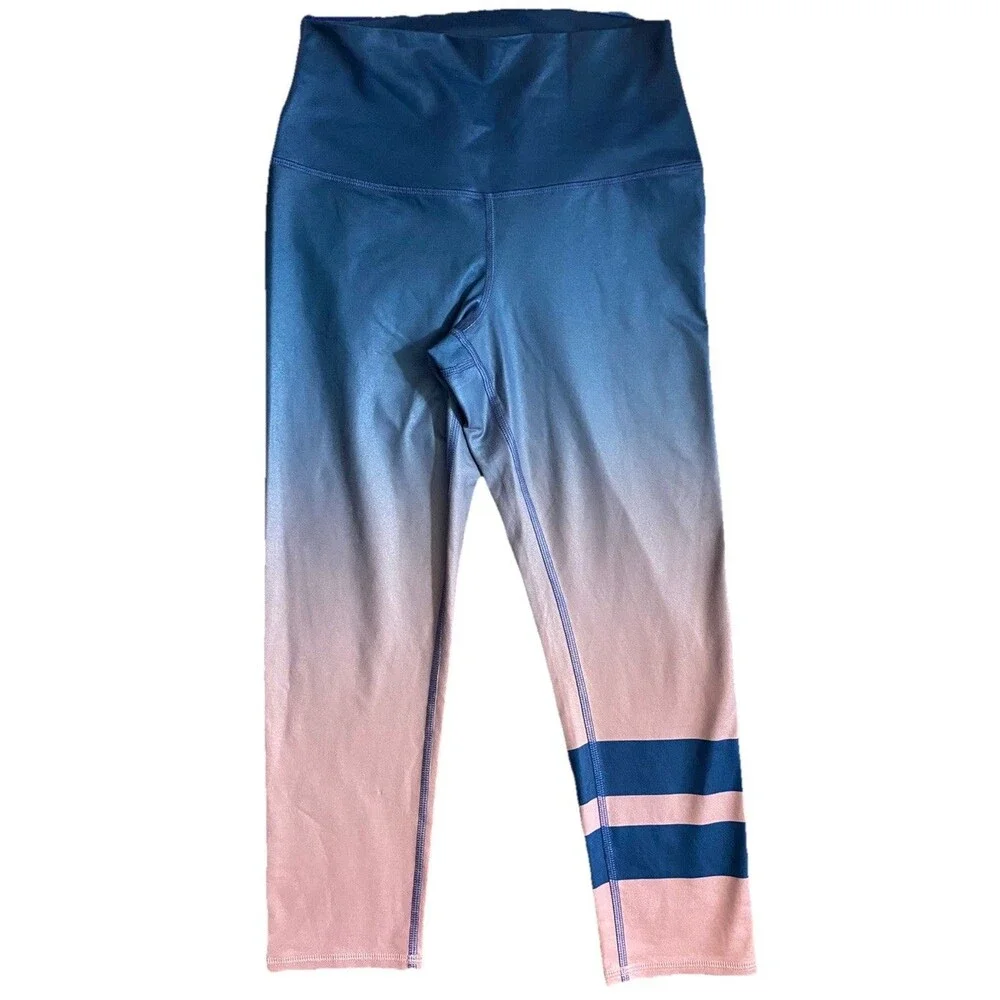 Alo Yoga Ombre Airbrushed Crop Leggings Sz S Gradient Evermint Varsity Stripe
